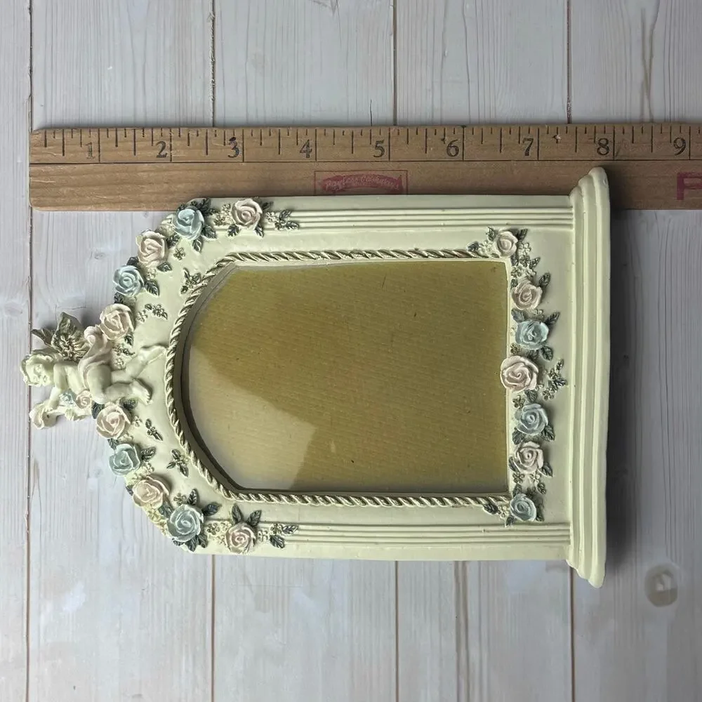 Vintage 90s Cherub Roses Resin Picture Frame Arch Opening Cream w/ Gold Accents